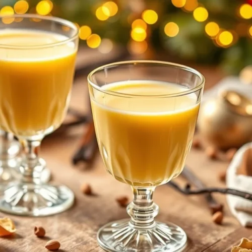 Golden creamy eggnog in vintage crystal glasses, fresh eggs and vanilla pods scattered around, luxury homemade liqueur photog