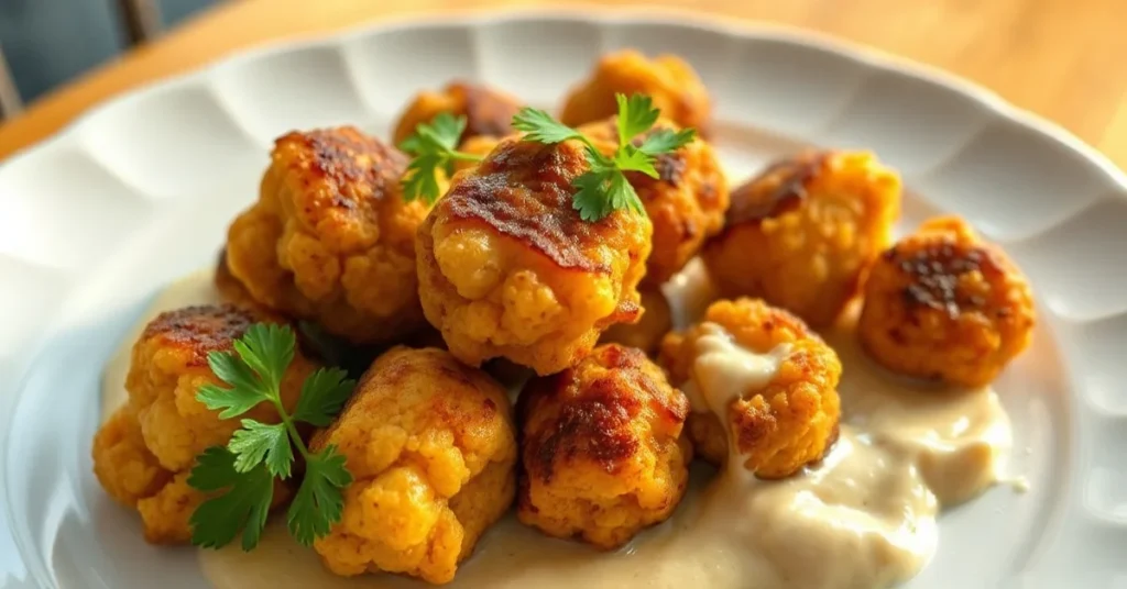 Golden crispy cauliflower meatballs on white plate with fresh parsley garnish, creamy sauce, warm golden lighting, profession