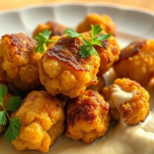 Golden crispy cauliflower meatballs on white plate with fresh parsley garnish, creamy sauce, warm golden lighting, profession