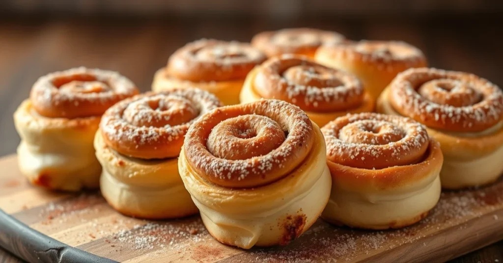 Golden crispy cinnamon rolls from air fryer, arranged on wooden board, dusted with cinnamon sugar, steam rising, warm lightin