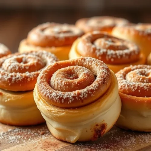 Golden crispy cinnamon rolls from air fryer, arranged on wooden board, dusted with cinnamon sugar, steam rising, warm lightin