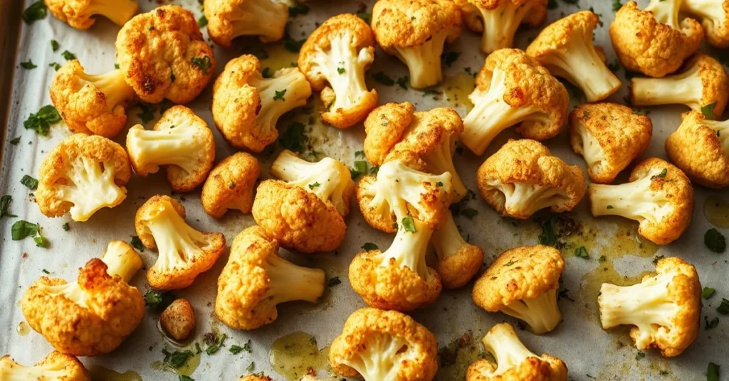 Golden crispy roasted cauliflower florets on a baking sheet with garlic, fresh herbs, and olive oil drizzle, appetizing food