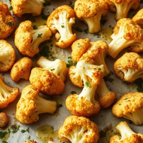 Golden crispy roasted cauliflower florets on a baking sheet with garlic, fresh herbs, and olive oil drizzle, appetizing food