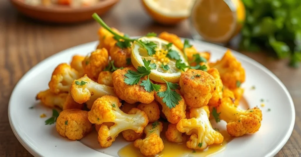 Golden crispy roasted cauliflower florets on white plate, topped with fresh parsley, lemon zest, olive oil drizzle, Mediterra