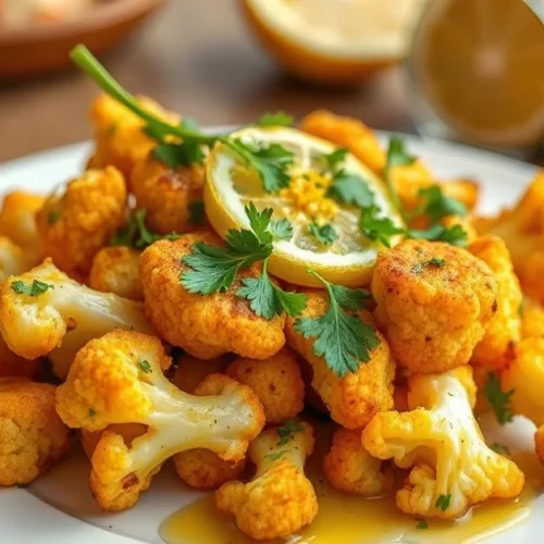 Golden crispy roasted cauliflower florets on white plate, topped with fresh parsley, lemon zest, olive oil drizzle, Mediterra