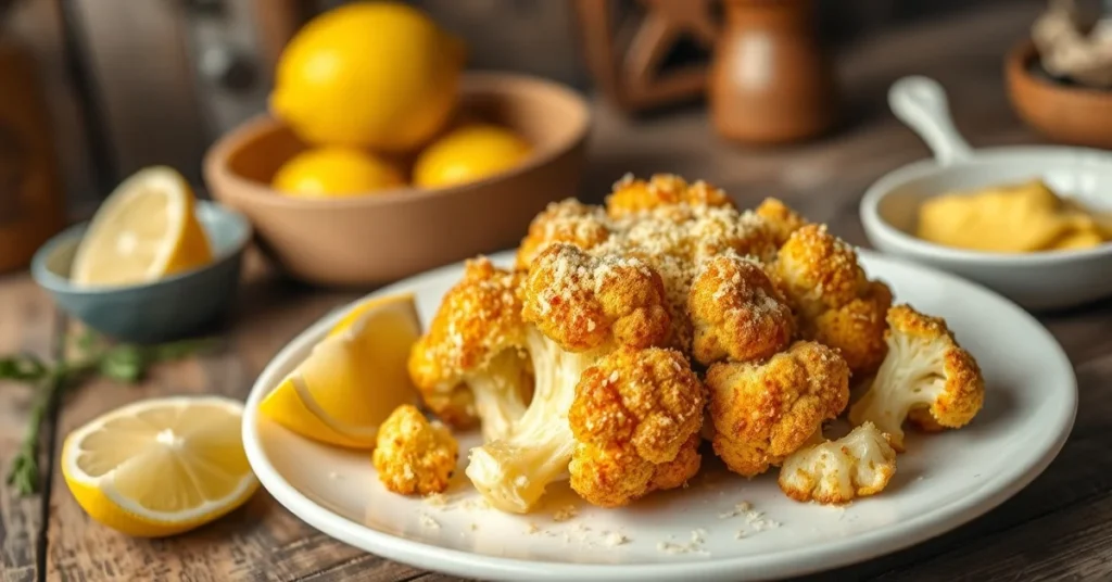 Golden crispy roasted cauliflower with parmesan crust on white plate, fresh lemon wedges, butter, rustic German kitchen setti