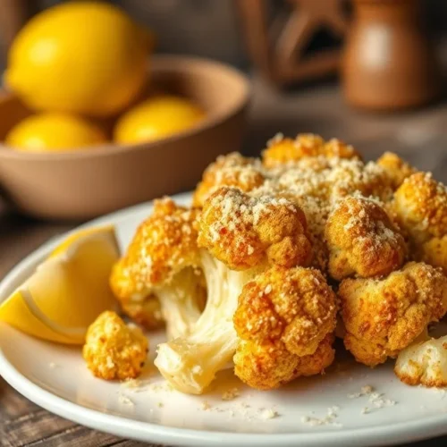 Golden crispy roasted cauliflower with parmesan crust on white plate, fresh lemon wedges, butter, rustic German kitchen setti