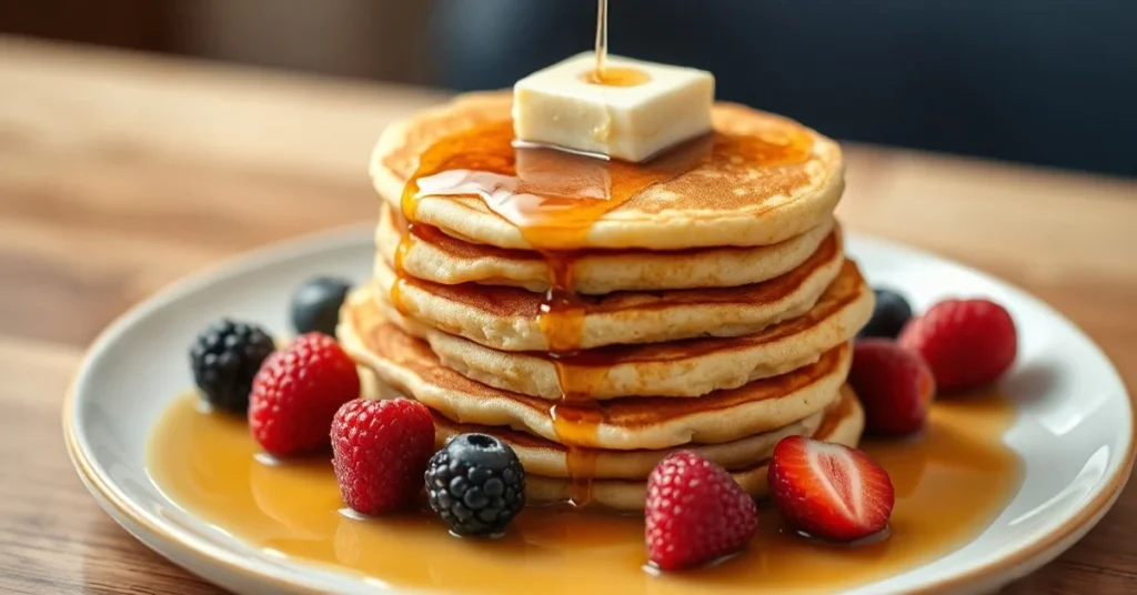 Golden fluffy American pancakes stacked high with butter melting on top, fresh berries, maple syrup drizzle, breakfast plate,