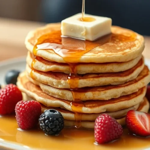 Golden fluffy American pancakes stacked high with butter melting on top, fresh berries, maple syrup drizzle, breakfast plate,