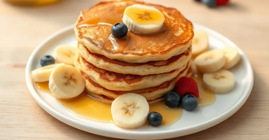 Golden fluffy banana pancakes stack on white plate with fresh banana slices, honey drizzle, and berries, bright natural light