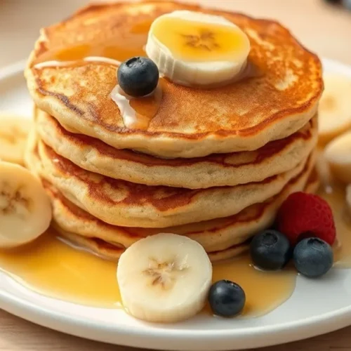 Golden fluffy banana pancakes stack on white plate with fresh banana slices, honey drizzle, and berries, bright natural light