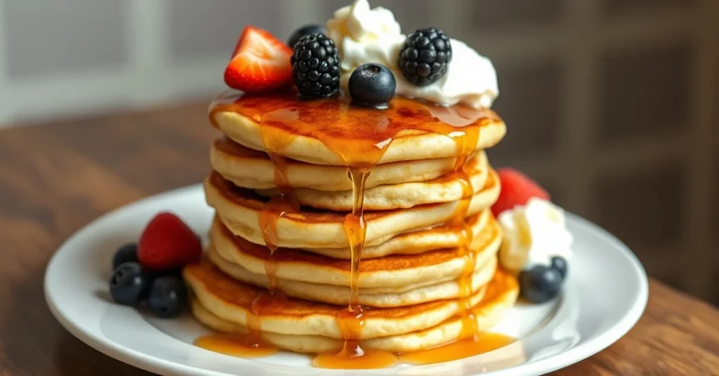 Golden fluffy homemade pancakes stacked high with maple syrup drizzle, fresh berries, whipped cream, and butter on elegant wh