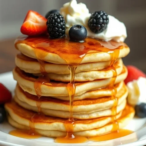 Golden fluffy homemade pancakes stacked high with maple syrup drizzle, fresh berries, whipped cream, and butter on elegant wh