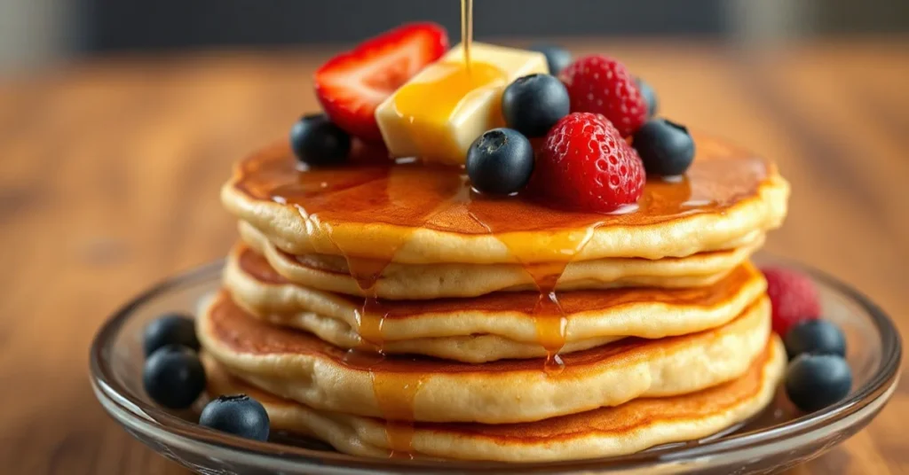Golden fluffy pancakes stack topped with butter, maple syrup, fresh strawberries and blueberries, professional food photograp