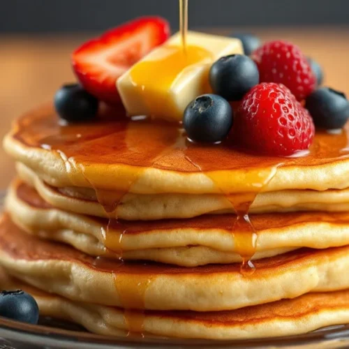Golden fluffy pancakes stack topped with butter, maple syrup, fresh strawberries and blueberries, professional food photograp