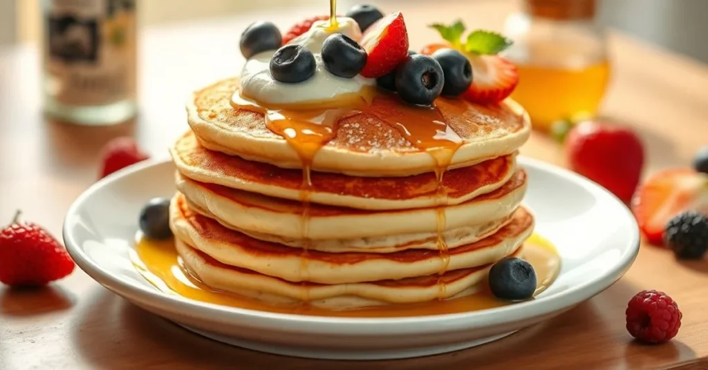 Golden fluffy pancakes stacked on white plate, topped with fresh berries and yogurt, honey drizzle, soft morning light, profe