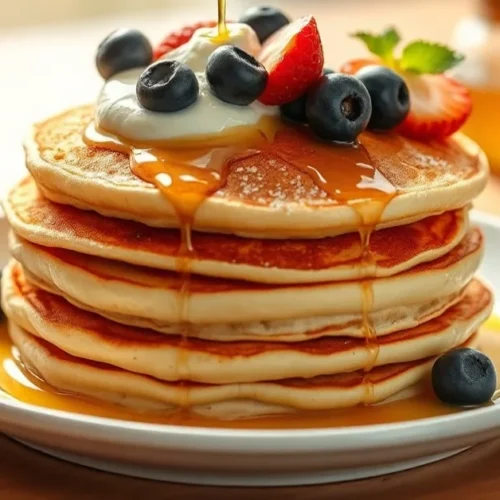 Golden fluffy pancakes stacked on white plate, topped with fresh berries and yogurt, honey drizzle, soft morning light, profe