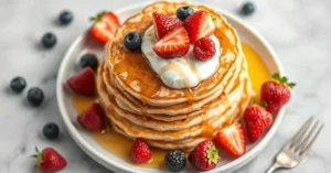 Golden fluffy quark pancakes stacked on white plate with fresh berries, honey drizzle, and yogurt topping, bright daylight ov