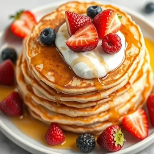 Golden fluffy quark pancakes stacked on white plate with fresh berries, honey drizzle, and yogurt topping, bright daylight ov