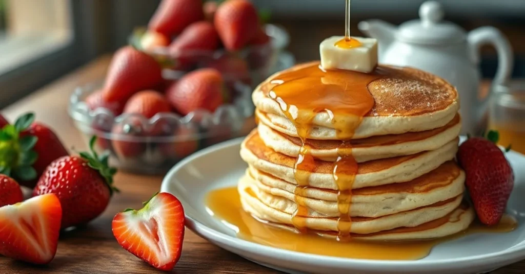 Golden fluffy stacked pancakes with maple syrup drizzle, fresh strawberries, butter curl, warm breakfast table setting, profe