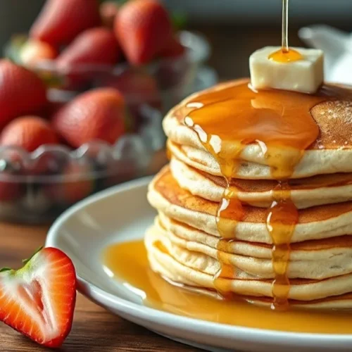 Golden fluffy stacked pancakes with maple syrup drizzle, fresh strawberries, butter curl, warm breakfast table setting, profe