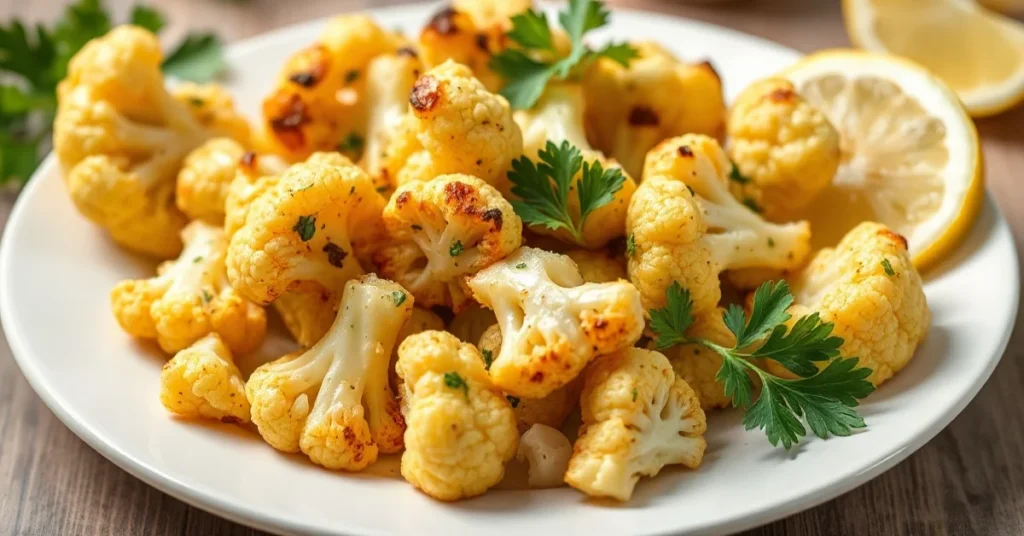 Golden roasted cauliflower florets with garlic and herbs on white plate, fresh parsley garnish, lemon wedges, professional fo