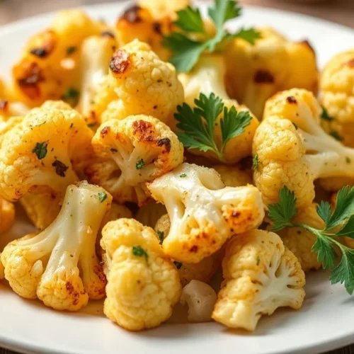 Golden roasted cauliflower florets with garlic and herbs on white plate, fresh parsley garnish, lemon wedges, professional fo