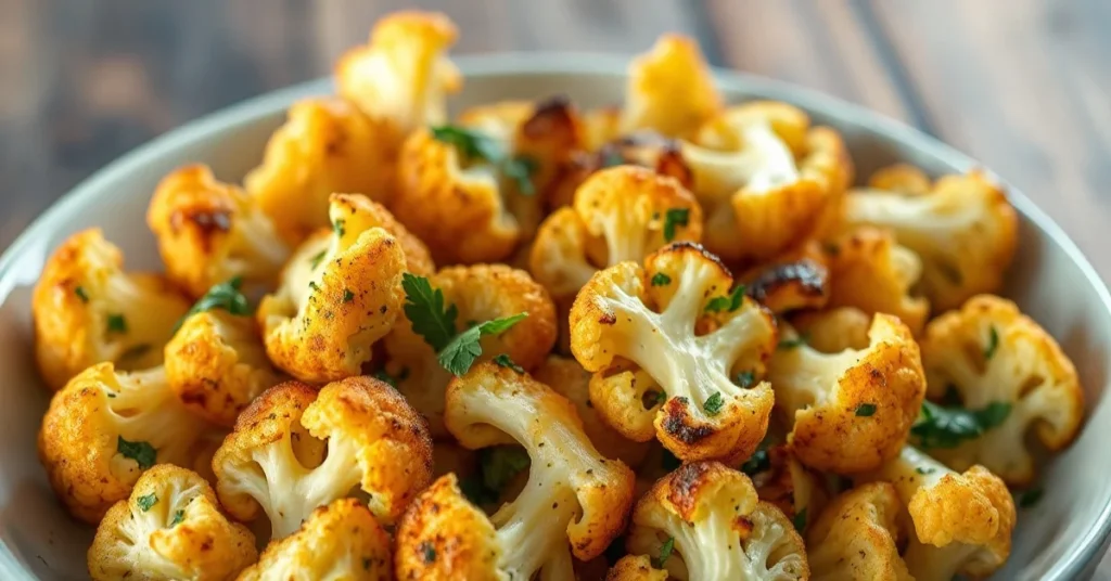 Golden-roasted cauliflower florets with garlic, herbs, and olive oil, professional food photography, vibrant colors, appetizi