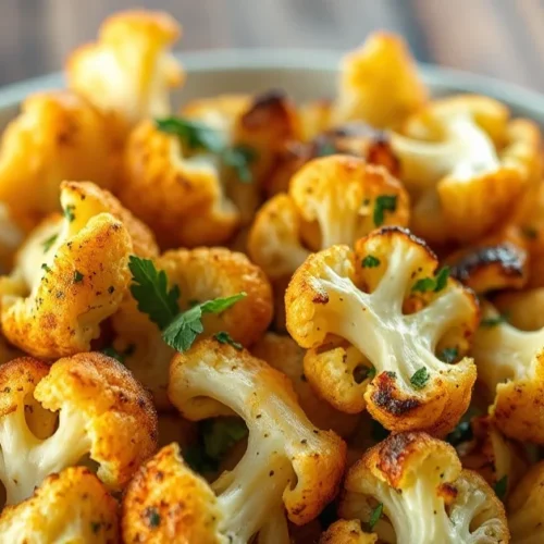 Golden-roasted cauliflower florets with garlic, herbs, and olive oil, professional food photography, vibrant colors, appetizi