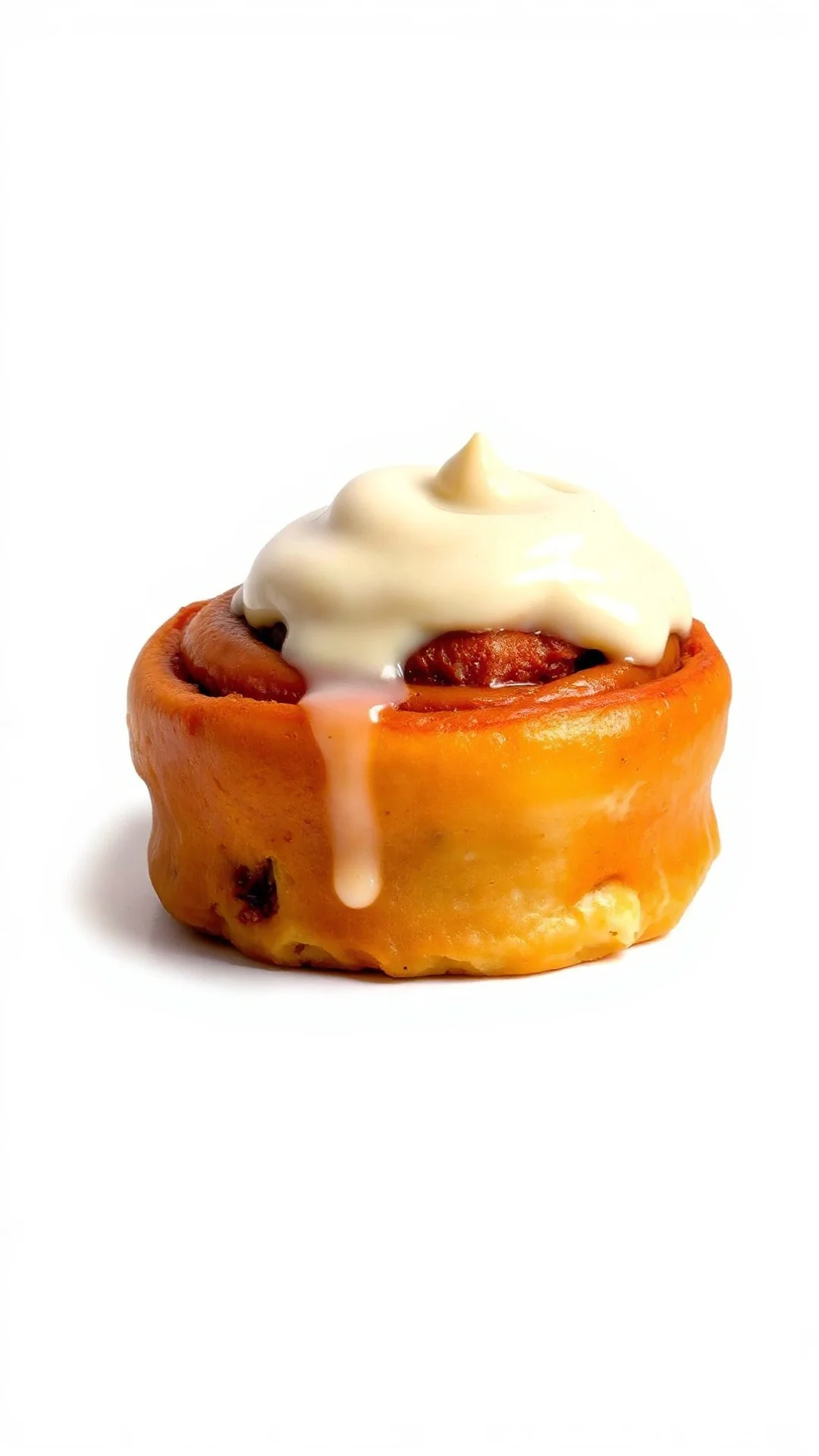 Gourmet cinnamon rolls topped with creamy cream cheese frosting, isolated on white background, professional food photography,