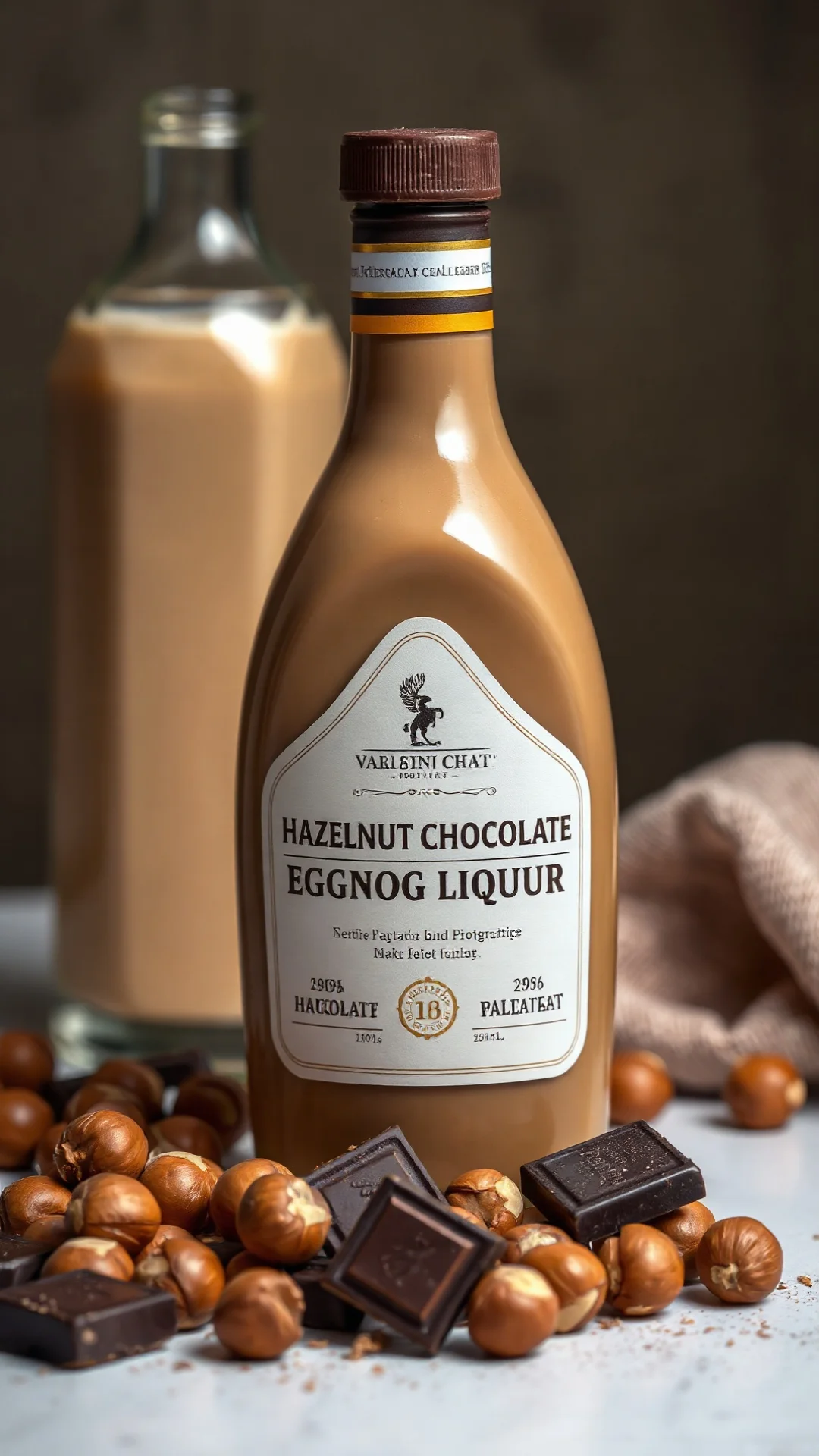Hazelnut chocolate eggnog liqueur in elegant bottle, hazelnuts and dark chocolate pieces arranged around it, portrait composi