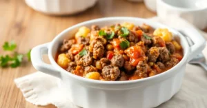 Hearty ground beef and cauliflower casserole in white serving dish, garnished with fresh parsley, rich tomato sauce, home-coo