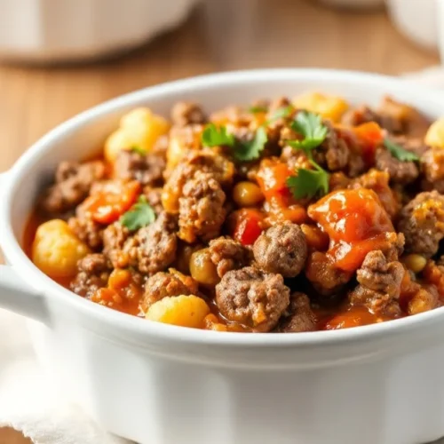 Hearty ground beef and cauliflower casserole in white serving dish, garnished with fresh parsley, rich tomato sauce, home-coo