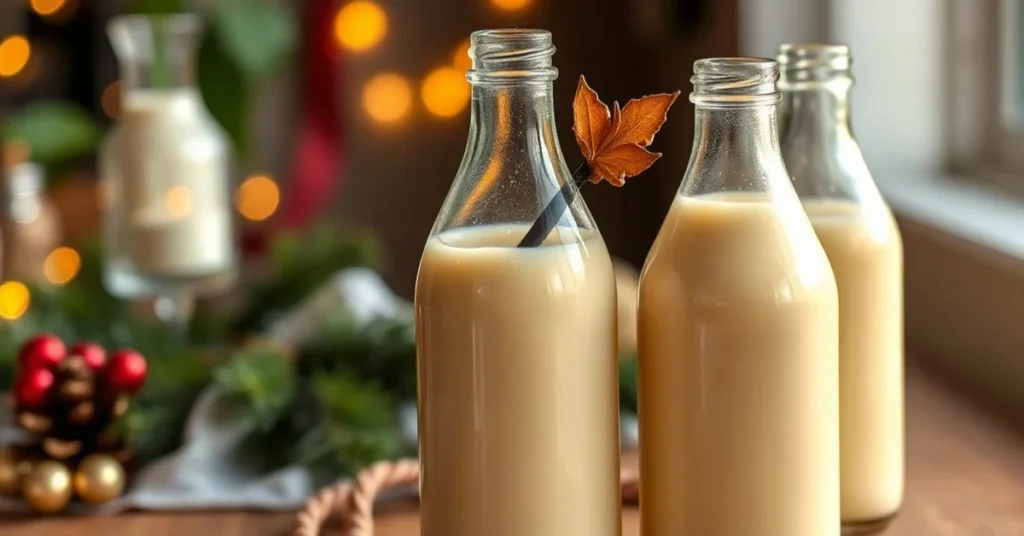 Homemade eggnog in elegant glass bottles with creamy golden liquid, vanilla pod garnish, professional food photography, warm