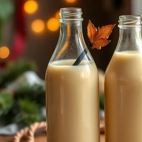 Homemade eggnog in elegant glass bottles with creamy golden liquid, vanilla pod garnish, professional food photography, warm