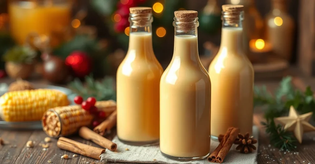 Homemade eggnog liqueur with corn in elegant glass bottles, creamy golden color, festive holiday setting with cinnamon sticks