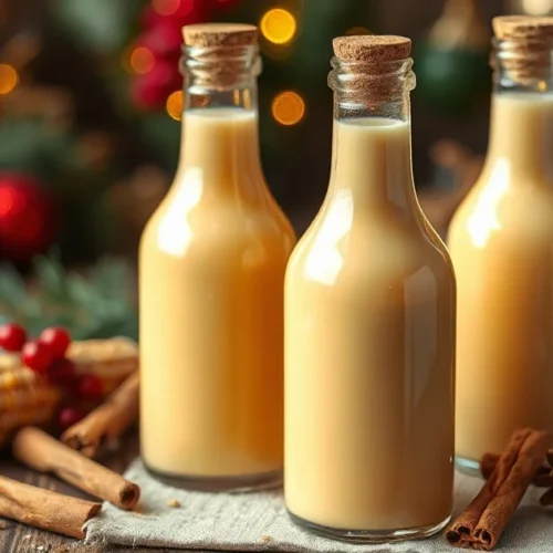 Homemade eggnog liqueur with corn in elegant glass bottles, creamy golden color, festive holiday setting with cinnamon sticks