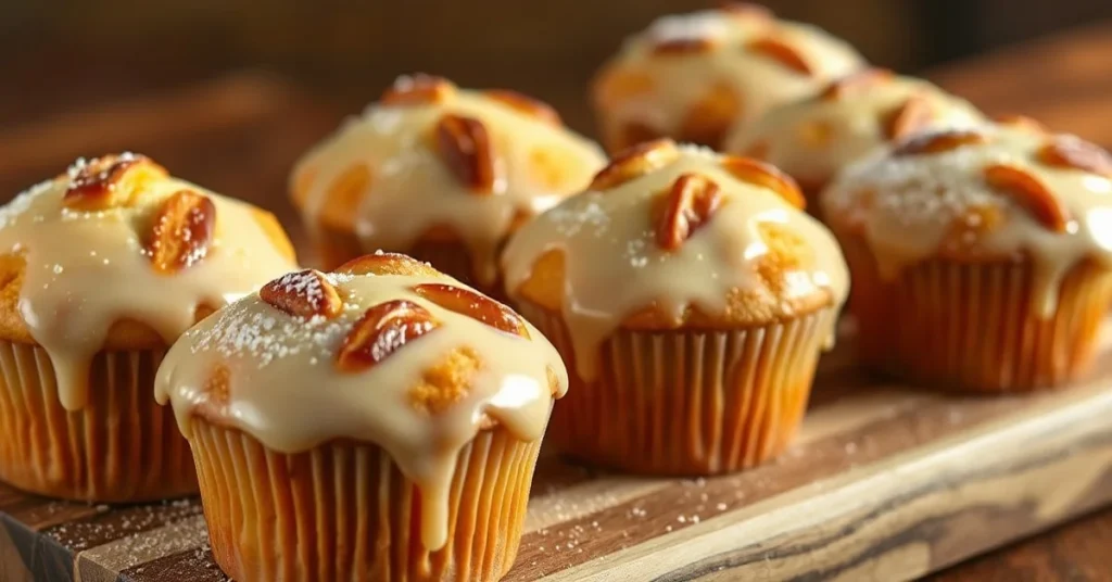 Homemade eggnog muffins with glossy eggnog glaze, golden brown tops, dusted with powdered sugar, arranged on wooden board, wa