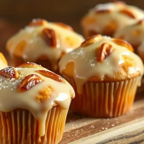 Homemade eggnog muffins with glossy eggnog glaze, golden brown tops, dusted with powdered sugar, arranged on wooden board, wa