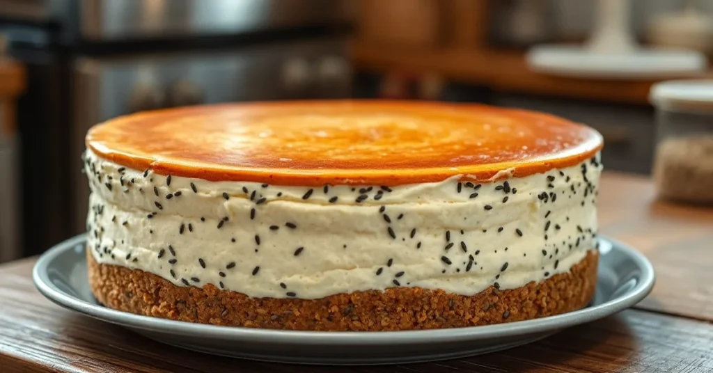 Homemade poppy seed cheesecake with layers, creamy frosting, golden-brown top, rustic kitchen setting, professional food phot