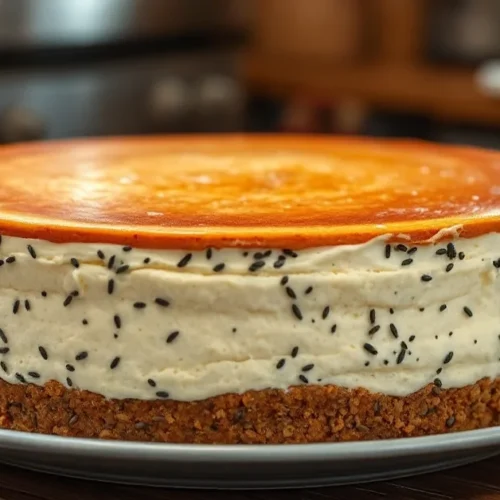 Homemade poppy seed cheesecake with layers, creamy frosting, golden-brown top, rustic kitchen setting, professional food phot