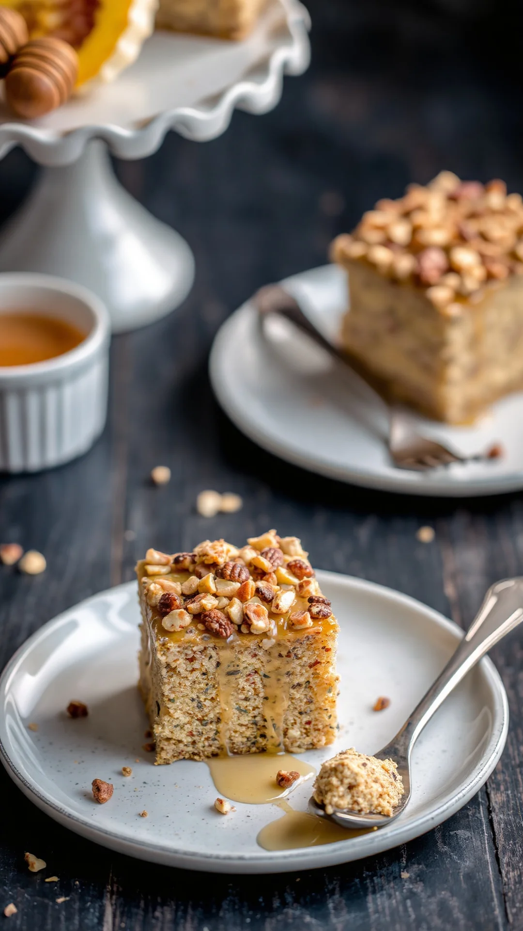 Honey poppy seed cake with nut crunch topping, golden and crunchy, honeycomb detail, artisan bakery presentation