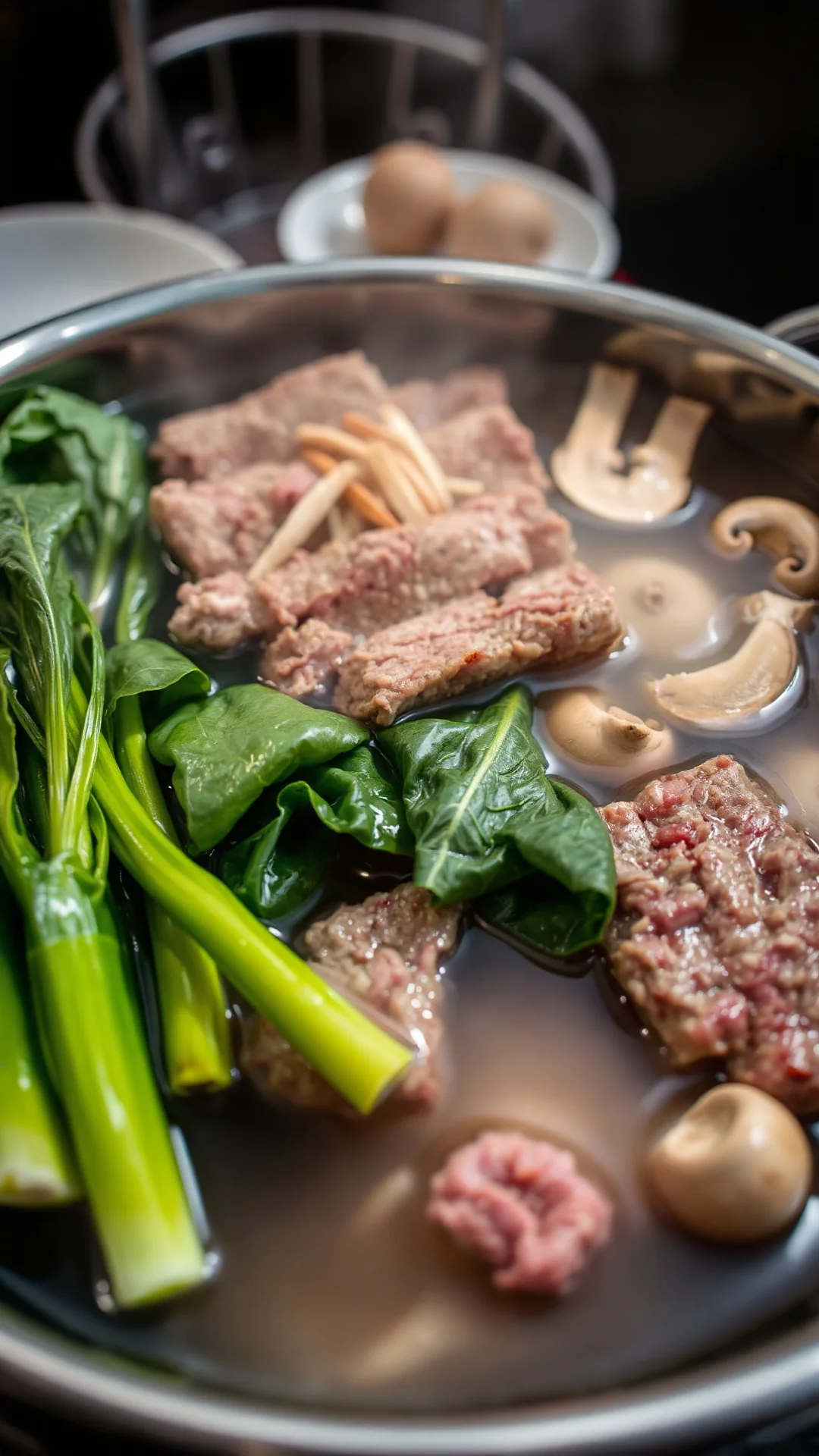 Hot pot gathering with pak choi, thinly sliced beef, mushrooms in clear broth, bubbling traditional Asian pot, communal dinin