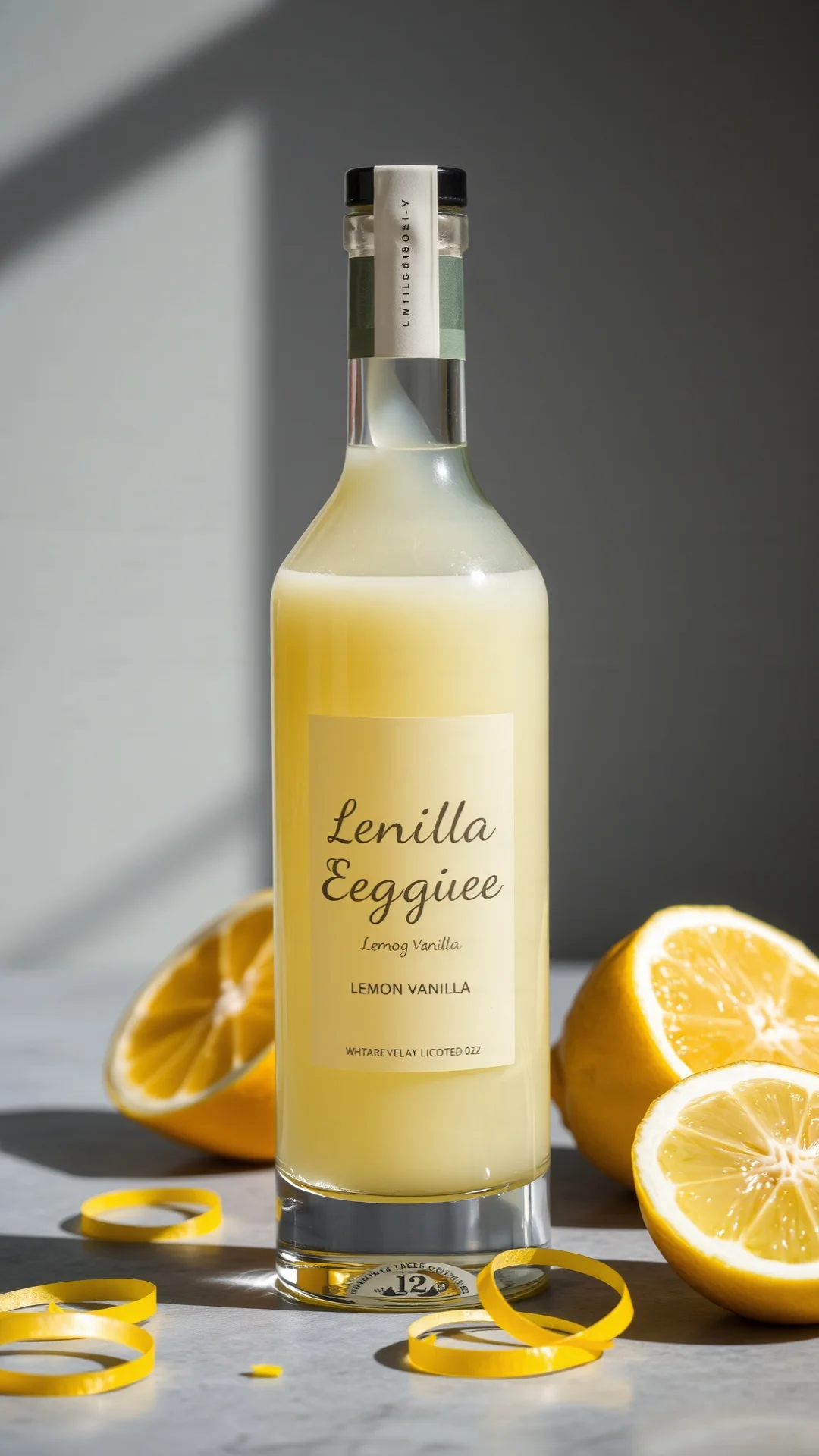 Lemon vanilla eggnog liqueur in glass bottle with lemon zest curls, sunny bright lighting, citrus slices in composition, fres