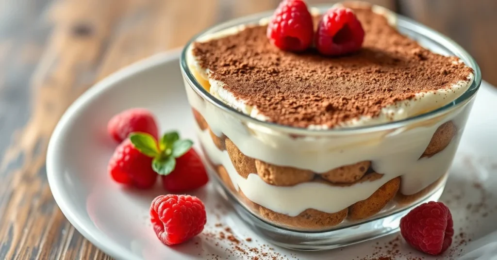 Light tiramisu dessert in white glass dish, layers of creamy yogurt and coffee-soaked ladyfingers, dusted with cocoa powder,