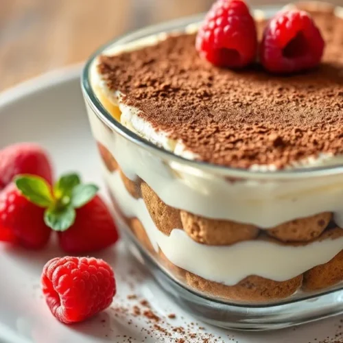 Light tiramisu dessert in white glass dish, layers of creamy yogurt and coffee-soaked ladyfingers, dusted with cocoa powder,