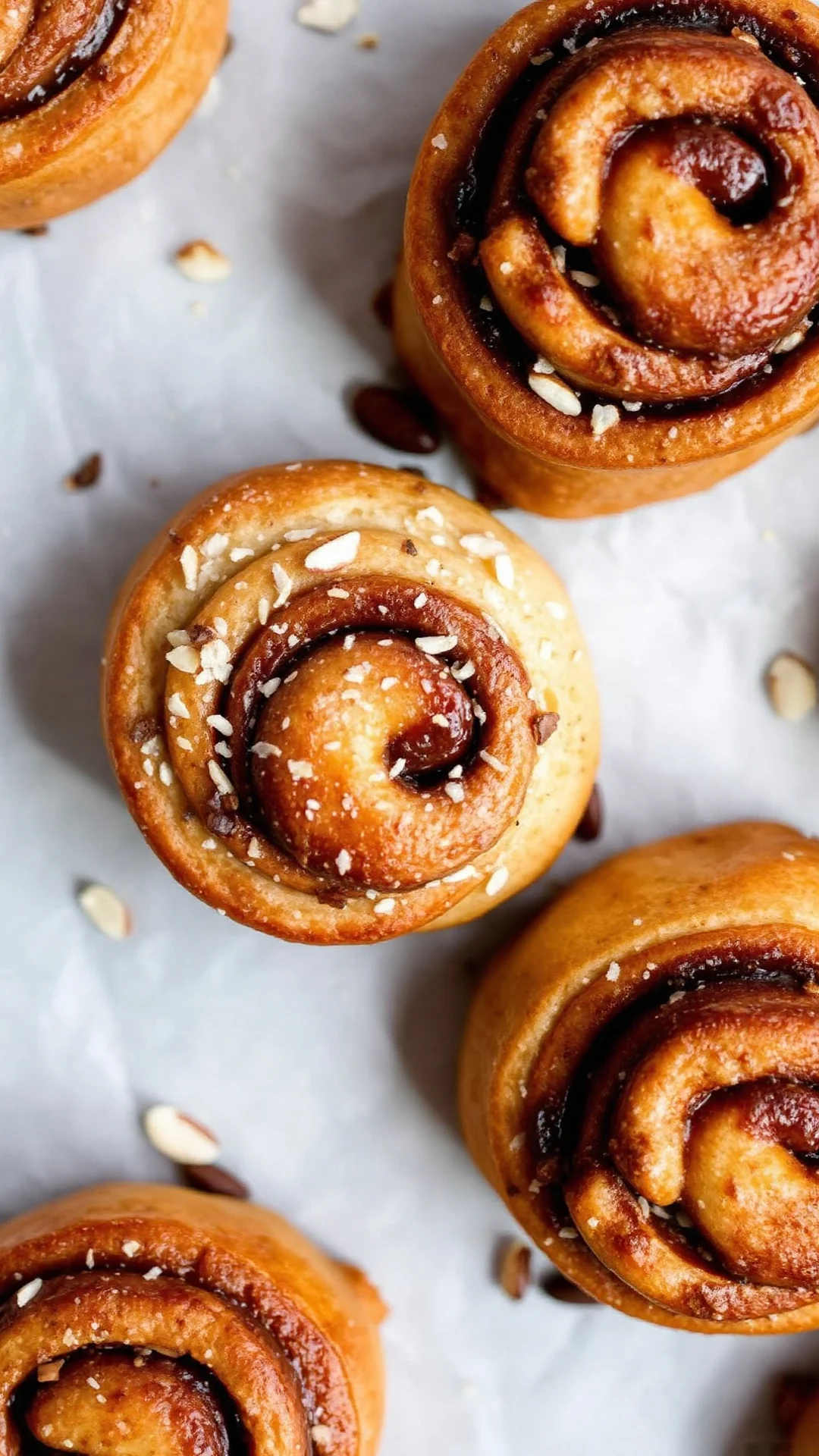 Low-carb almond flour cinnamon rolls on parchment paper, healthy baking alternative, close-up food photography, natural light