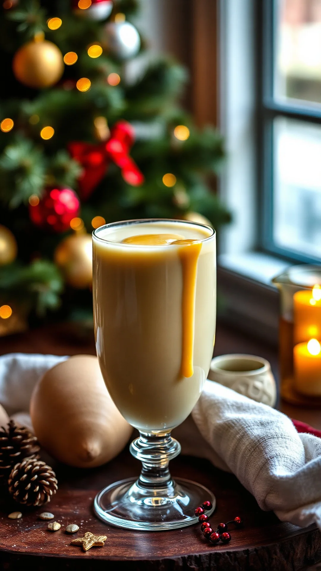 Luxurious cognac eggnog with vanilla sauce, creamy golden liquid in clear bottle, festive Christmas decoration, cinematic foo