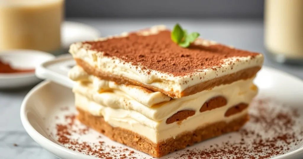 Luxurious eggnog tiramisu dessert in a white ceramic dish, dusted with cocoa powder, fresh and creamy, professional food phot