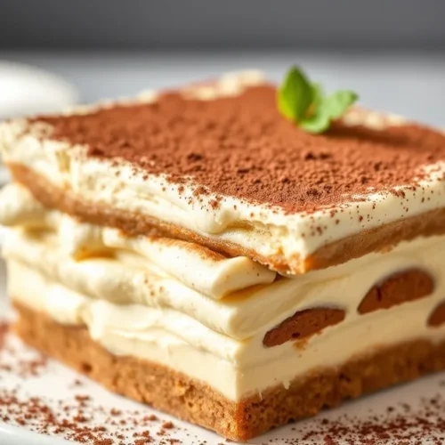 Luxurious eggnog tiramisu dessert in a white ceramic dish, dusted with cocoa powder, fresh and creamy, professional food phot